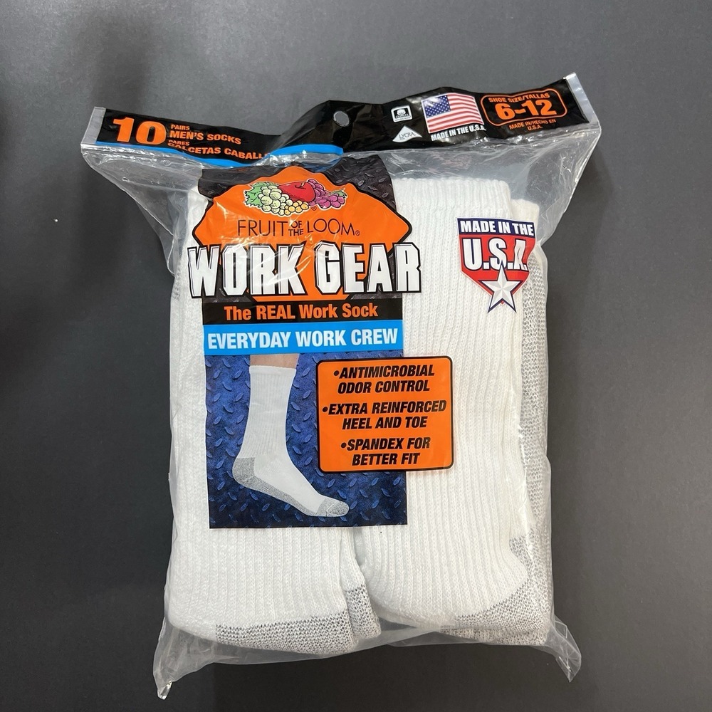 10 Pairs Mens Socks White Mid Calf Tube Socks 6-12 Fruit of the Loom Work Gear
